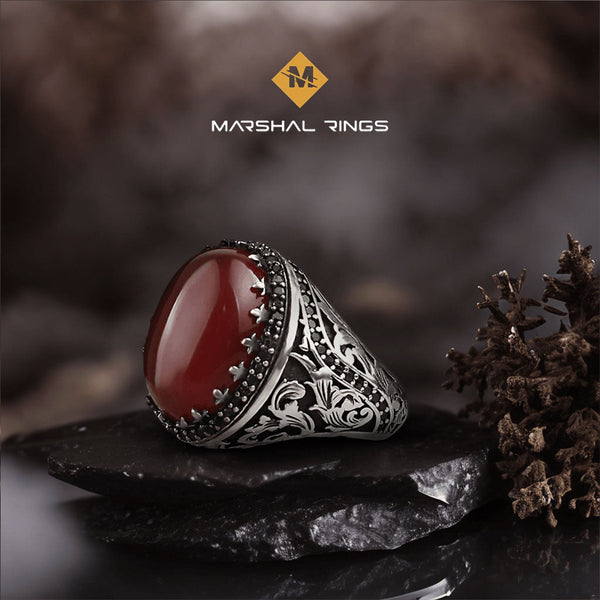 خاتم فضة رجالي  925 مرصع بحجر عقيق أحمر ملكي - متجر المارشال للخواتم الرجالية 1