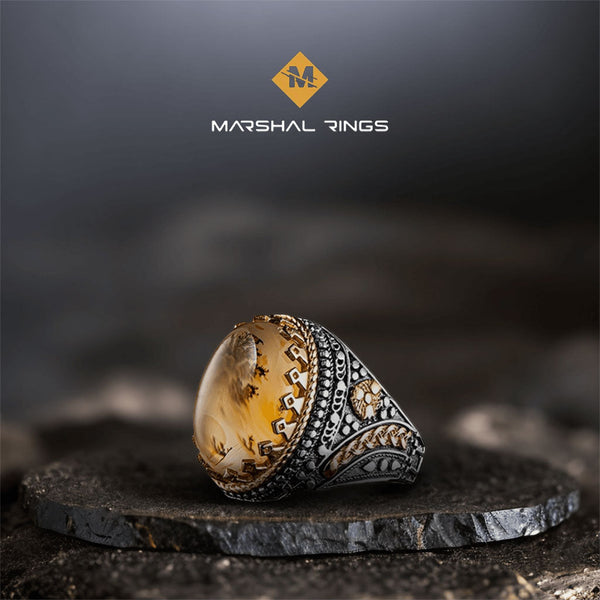 خاتم فضة رجالي  925 بحجر عقيق يماني طبيعي بتصميم ملكي فاخر - متجر المارشال للخواتم الرجالية 1