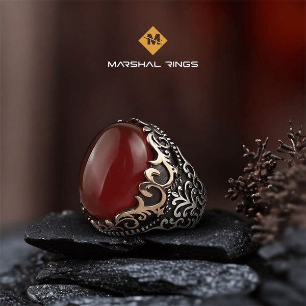 خاتم فضة رجالي  925 بحجر عقيق أحمر بتصميم ملكي فاخر ونقوش يدوية - متجر المارشال للخواتم الرجالية 1