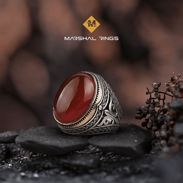 خاتم فضة رجالي  925 مرصع بالعقيق الأحمر البيضاوي ذو التصميم الكلاسيكي الأنيق - متجر المارشال للخواتم الرجالية 1