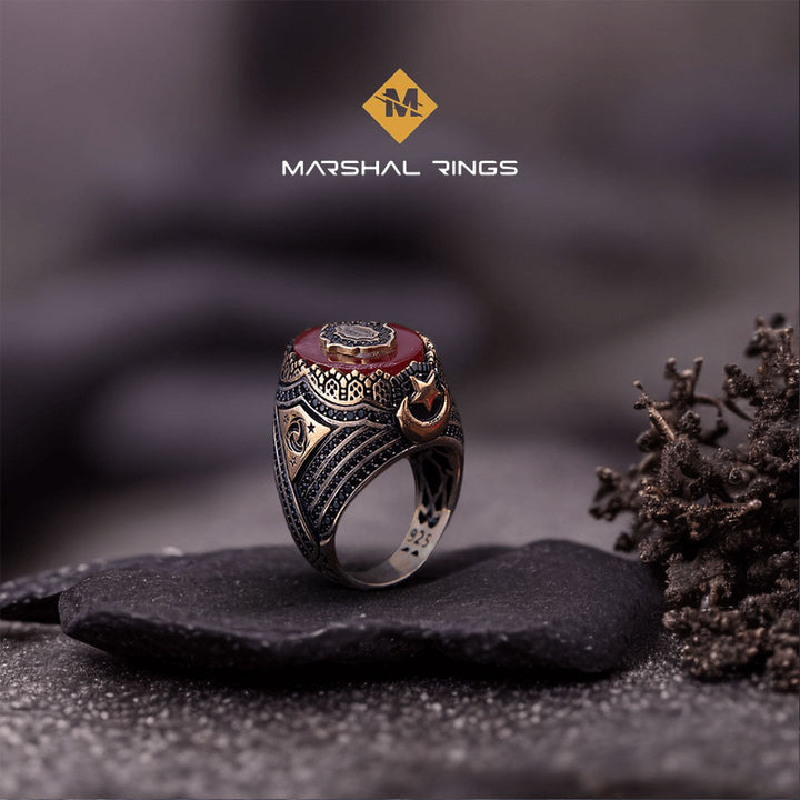 خاتم فضة رجالي  925 مرصع بالعقيق الأحمر بتصميم تاريخي فريد - متجر المارشال للخواتم الرجالية 2