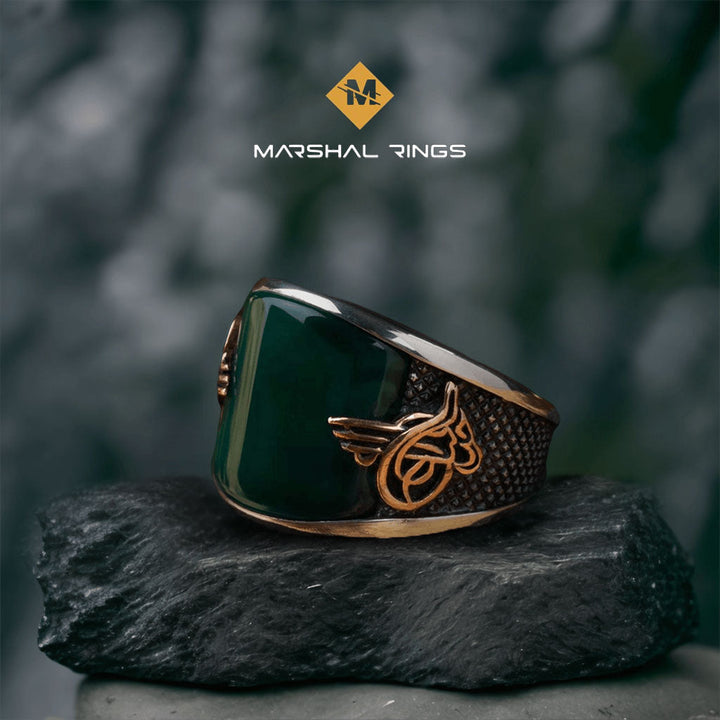 خاتم فضة رجالي  925 مرصع بالعقيق الأخضر بنقش الطغراء العثمانية - متجر المارشال للخواتم الرجالية 1