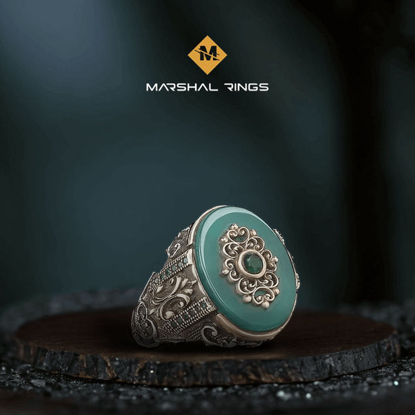 خاتم فضة رجالي 925 بتصميم ملكي فاخر وحجر عقيق أخضر دائري - متجر المارشال للخواتم الرجالية 1