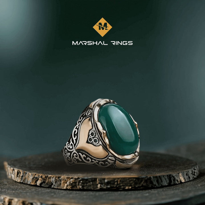خاتم فضة رجالي  925 بتصميم ملكي فاخر وحجر عقيق أخضر دائري - متجر المارشال للخواتم الرجالية 1