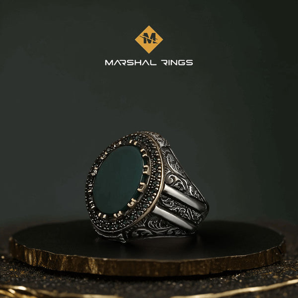 خاتم فضة رجالي  925 مرصع بالعقيق الأخضر الداكن بتصميم كلاسيكي فاخر - متجر المارشال للخواتم الرجالية 1