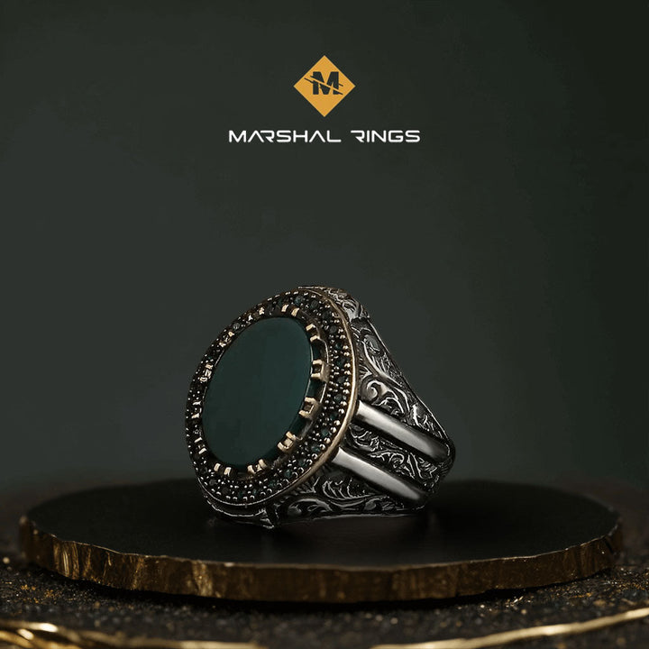 خاتم فضة رجالي  925 مرصع بالعقيق الأخضر الداكن بتصميم كلاسيكي فاخر - متجر المارشال للخواتم الرجالية 1