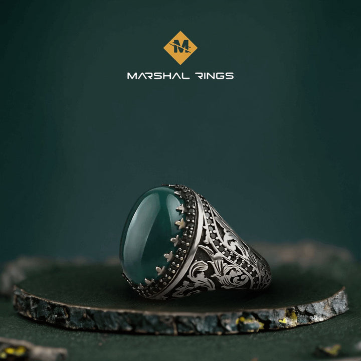 خاتم فضة رجالي  925 مرصع بالعقيق الأخضر الداكن بتصميم كلاسيكي ملكي - متجر المارشال للخواتم الرجالية 1