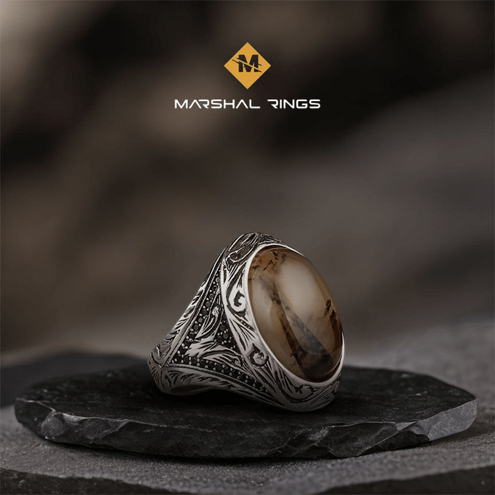 خاتم فضة رجالي  925 مرصع بالعقيق اليماني بتصميم كلاسيكي فاخر - متجر المارشال للخواتم الرجالية 1