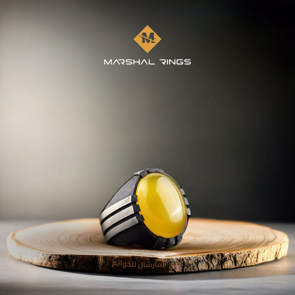 خاتم فضة رجالي  925 مرصع بالعقيق الأصفر بتصميم - متجر المارشال للخواتم الرجالية 1
