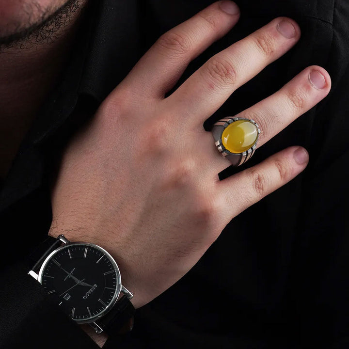 خاتم فضة رجالي  925 مرصع بالعقيق الأصفر بتصميم - متجر المارشال للخواتم الرجالية 2