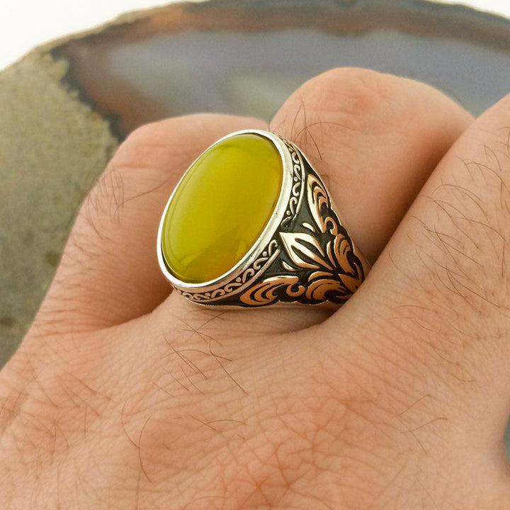 خاتم فضة رجالي  925 مرصع بالعقيق الأصفر - متجر المارشال للخواتم الرجالية 3