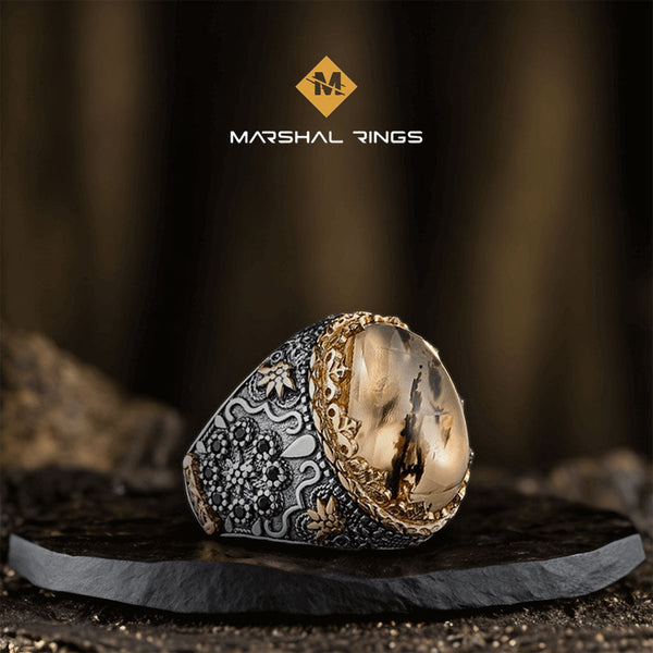 خاتم فضة رجالي  925 مرصع بالعقيق السحابي بتصميم كلاسيكي فريد - متجر المارشال للخواتم الرجالية 1