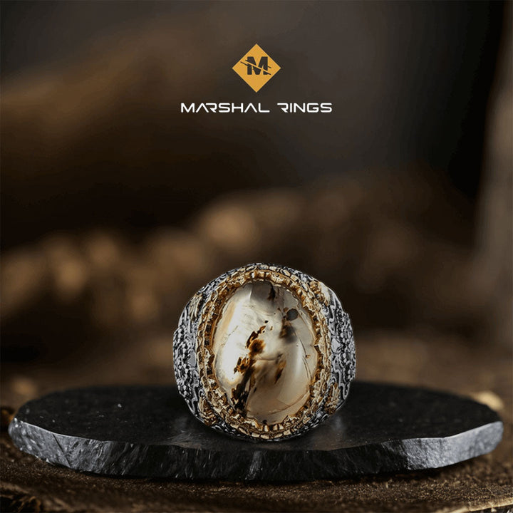 خاتم فضة رجالي  925 مرصع بالعقيق السحابي بتصميم كلاسيكي فريد - متجر المارشال للخواتم الرجالية 2