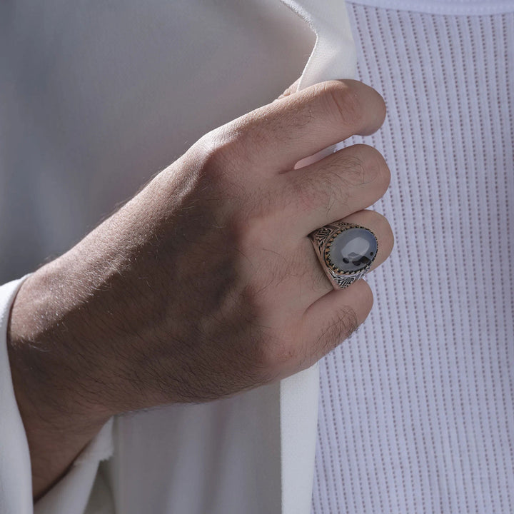 خاتم فضة رجالي 925 مرصع بحجر العقيق الطبيعي بتصميم كلاسيكي - متجر المارشال للخواتم الرجالية 4