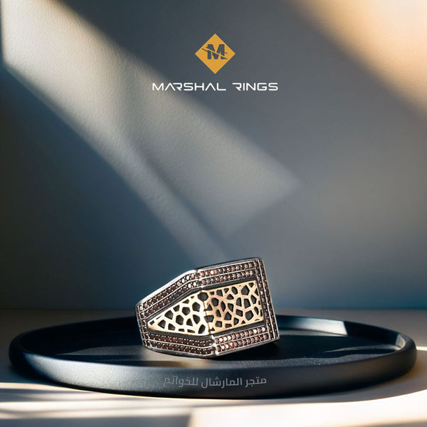 خاتم فضة رجالي 925 مرصع بحجر العقيق مزين بتصميم قطع كسر الزجاج العصري - متجر المارشال للخواتم الرجالية 1