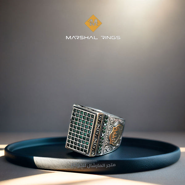 خاتم فضة رجالي 925 مرصع بحجر العقيق الأخضر بتصميم مربع منقوش يدوي - متجر المارشال للخواتم الرجالية 1