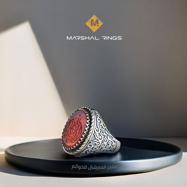 خاتم فضة رجالي 925 مرصع بحجر العقيق منقوش بعبارة "لا غالب إلا الله" - متجر المارشال للخواتم الرجالية 1