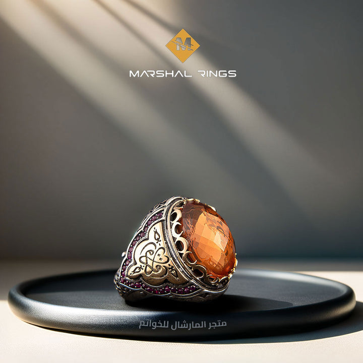 خاتم فضة رجالي 925 مرصع بحجر الزركون بتصميم إسلامي فاخر - متجر المارشال للخواتم الرجالية 1