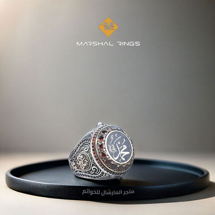 خاتم فضة رجالي 925 مرصع بحجر العقيق الأحمر نقش باسم النبي محمد (ﷺ) - متجر المارشال للخواتم الرجالية 1
