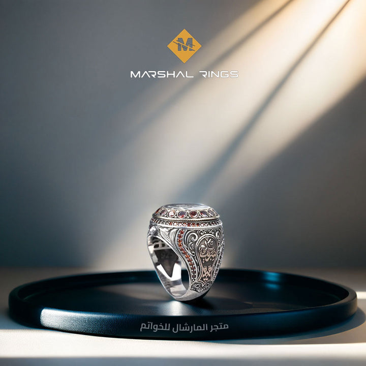 خاتم فضة رجالي 925 مرصع بحجر العقيق الأحمر نقش باسم النبي محمد (ﷺ) - متجر المارشال للخواتم الرجالية 2