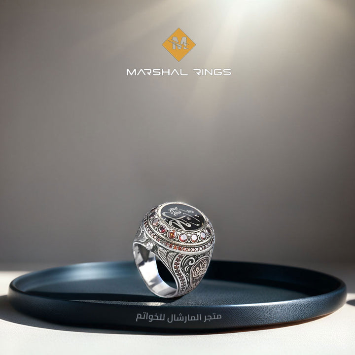 خاتم فضة رجالي 925 مرصع بحجر العقيق الأحمر نقش باسم النبي محمد (ﷺ) - متجر المارشال للخواتم الرجالية 3