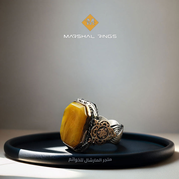 خاتم فضة رجالي 925 مرصع بحجر أصفر ملكي - متجر المارشال للخواتم الرجالية 1