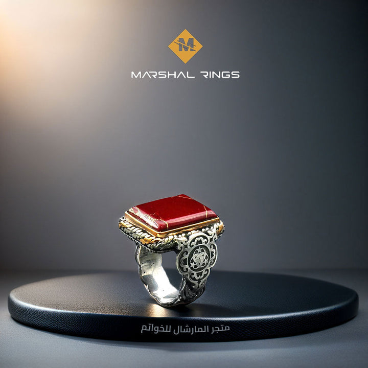 خاتم فضة رجالي 925 مرصع بحجر أحمر بتصميم مضفر أنيق - متجر المارشال للخواتم الرجالية 2
