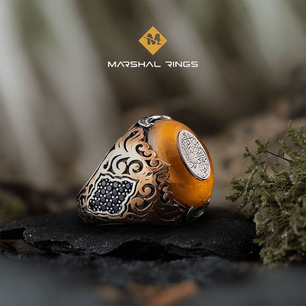 خاتم فضة رجالي 925 مرصع بحجر العنبر - متجر المارشال للخواتم الرجالية 1