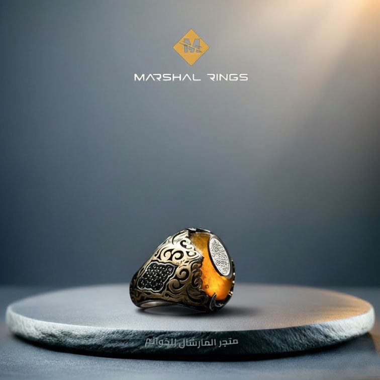 Men's silver ring 925 set with an amber stone | Marshal Rings Store