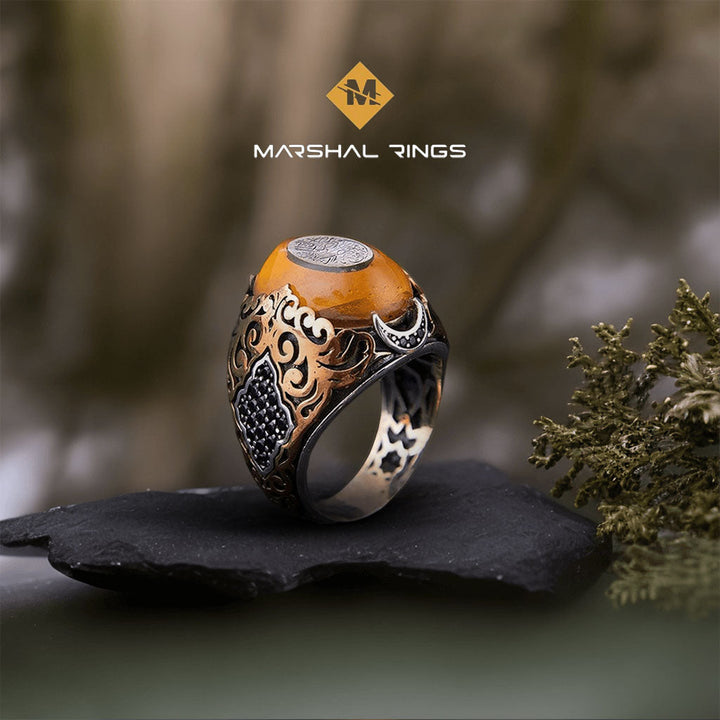 خاتم فضة رجالي 925 مرصع بحجر العنبر - متجر المارشال للخواتم الرجالية 2