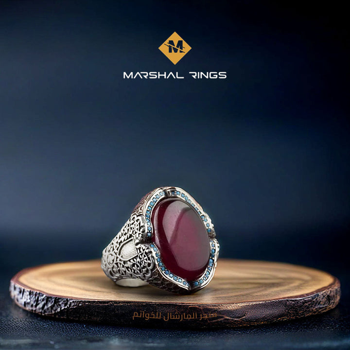 خاتم فضة رجالي عيار 925 مرصع بحجر العنبر الأحمر البيضاوي - متجر المارشال للخواتم الرجالية 1
