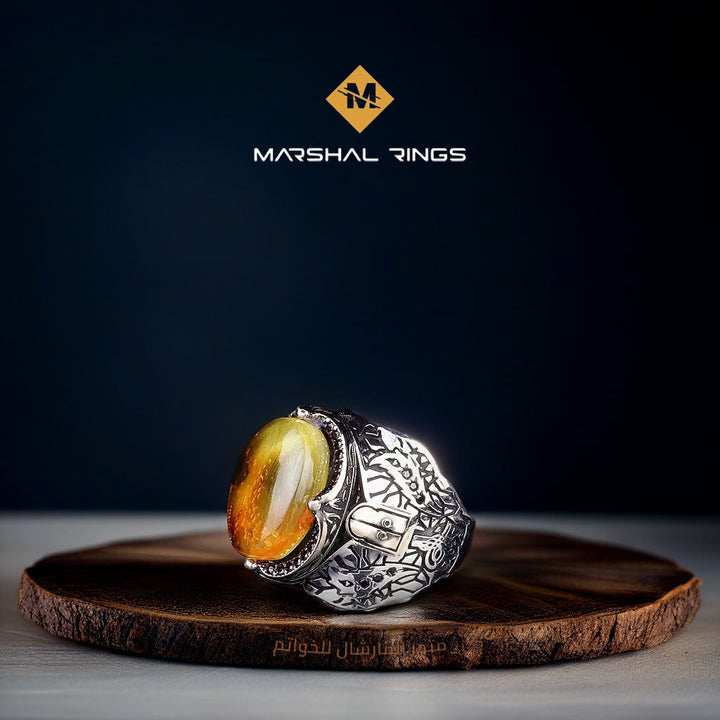 خاتم فضة رجالي 925 مرصع بحجر العنبر الأصفر البيضاوي - متجر المارشال للخواتم الرجالية 1