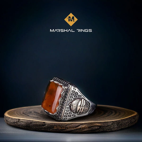 خاتم فضة رجالي 925  بحجر عنبر ونقش القدس - إرث الأجداد - متجر المارشال للخواتم الرجالية 1