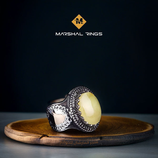 خاتم فضة رجالي 925  مرصع بحجر عنبر أصفر - لون مميز - متجر المارشال للخواتم الرجالية 1
