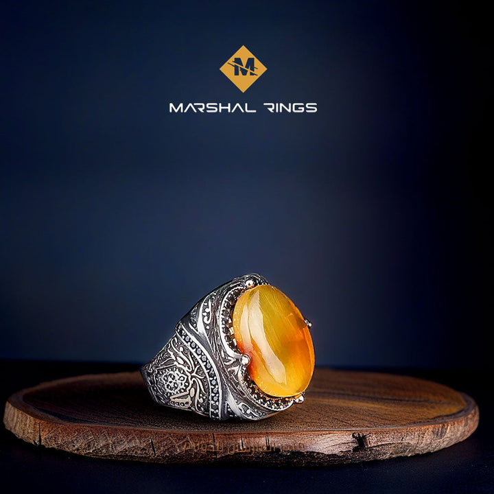 خاتم فضة رجالي 925 مرصع بحجر عنبر بتصميم تقليدي فريد - متجر المارشال للخواتم الرجالية 1