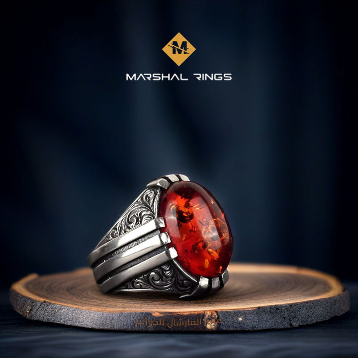 خاتم فضة رجالي 925 مرصع بحجر عنبر بتصميم تقليدي فريد - متجر المارشال للخواتم الرجالية 1