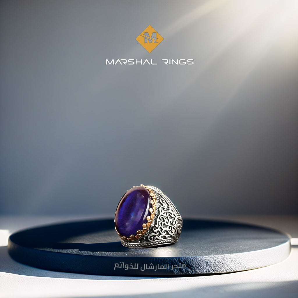 Men's silver ring 925 set with a dark blue amber stone in a crown ...