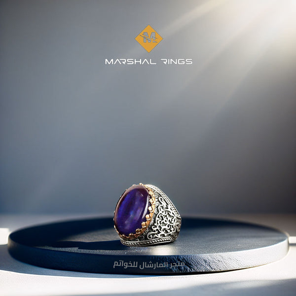 خاتم فضة رجالي 925 مرصع بحجر الكهرمان الأزرق الداكن بتصميم أنيق - متجر المارشال للخواتم الرجالية 1
