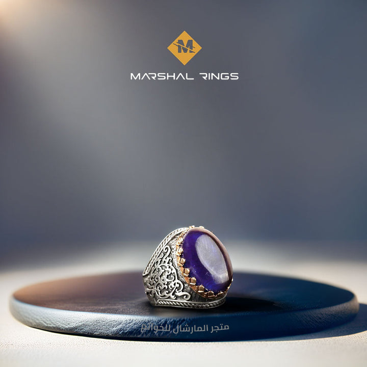 Men's silver ring 925 set with a dark blue amber stone in a crown ...
