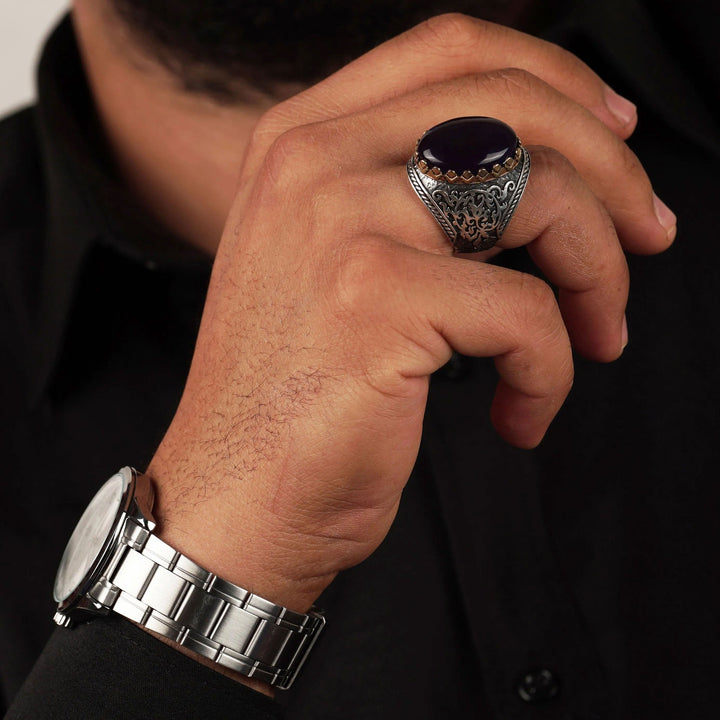 Men's silver ring 925 set with a dark blue amber stone in a crown ...
