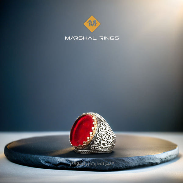 خاتم فضة رجالي 925 مرصع بحجر الكهرمان الأحمر الناري بتصميم فاخر - متجر المارشال للخواتم الرجالية 1