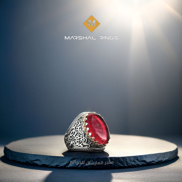 خاتم فضة رجالي 925 مرصع بحجر الكهرمان الأحمر الناري بتصميم فاخر - متجر المارشال للخواتم الرجالية 2