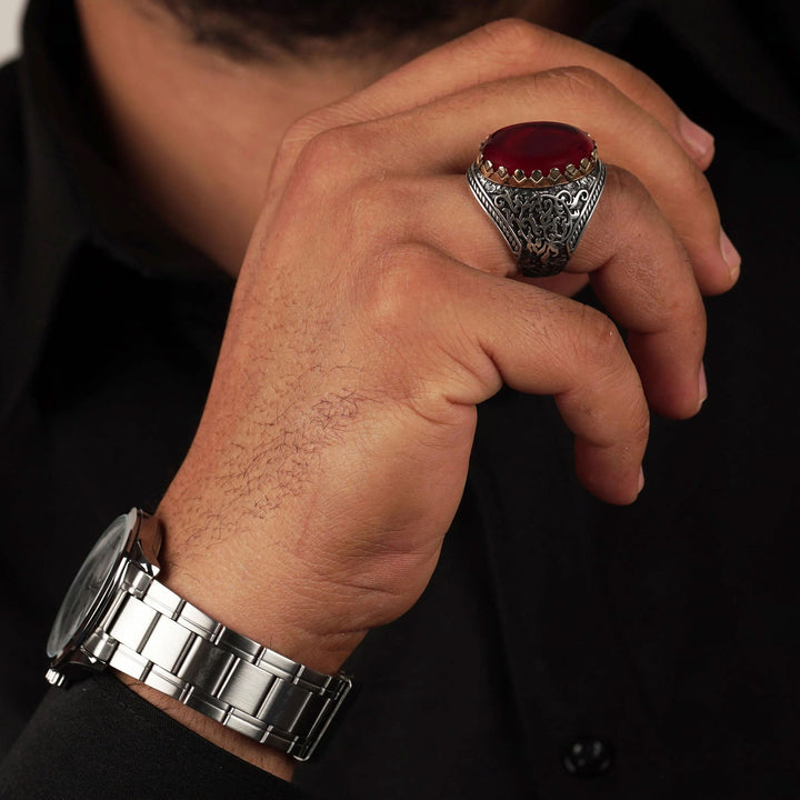 خاتم فضة رجالي 925 مرصع بحجر الكهرمان الأحمر الناري بتصميم فاخر - متجر المارشال للخواتم الرجالية 3