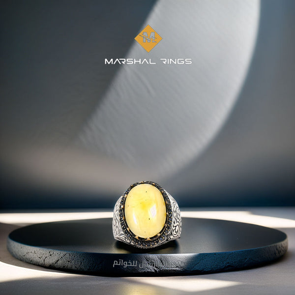 خاتم فضة رجالي 925 مرصع بحجر الكهرمان على شكل بتصميم أنيق - متجر المارشال للخواتم الرجالية 1