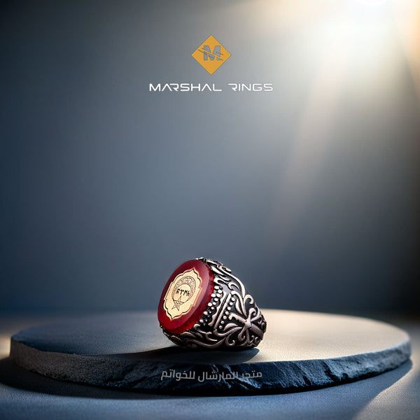 خاتم فضة رجالي 925 مرصع بحجر الكهرمان الأحمر بتصميم فاخر - متجر المارشال للخواتم الرجالية 1