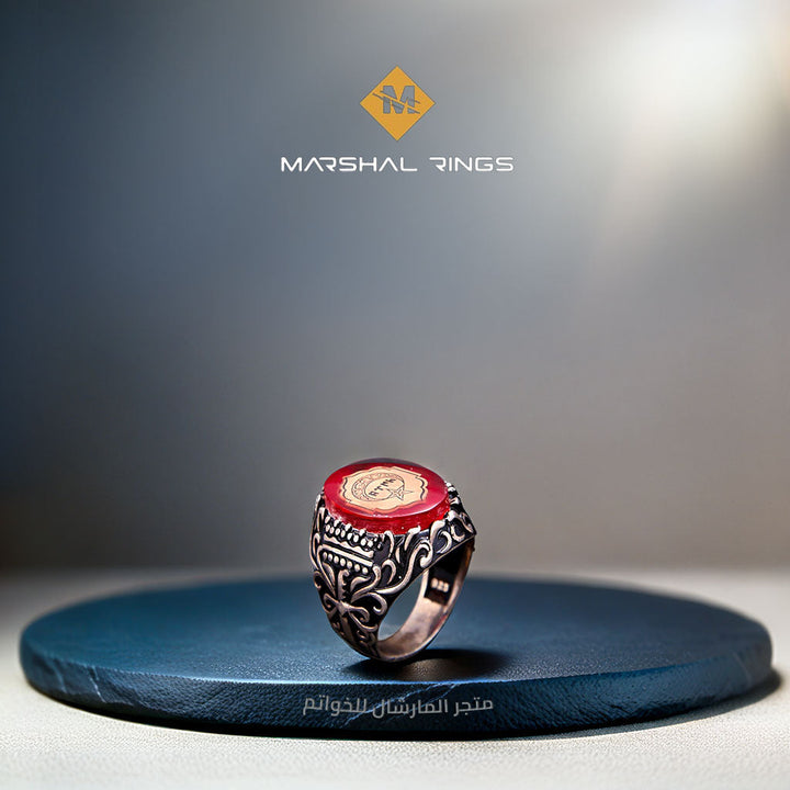 خاتم فضة رجالي 925 مرصع بحجر الكهرمان الأحمر بتصميم فاخر - متجر المارشال للخواتم الرجالية 2