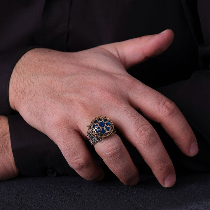 خاتم فضة رجالي 925 بتصميم شبكي محفور يدويًا بأسلوب أنيق ومتين - متجر المارشال للخواتم الرجالية 4