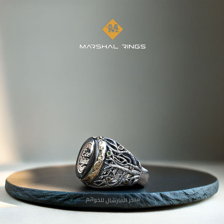خاتم فضة رجالي 925 مرصع بحجر الكهرمان الطبيعي مزين بإطار فاخر - متجر المارشال للخواتم الرجالية 2