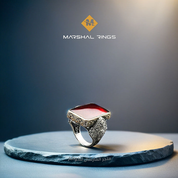 خاتم فضة رجالي 925 مرصع بحجر الكهرمان الأحمر بتصميم فاخر - متجر المارشال للخواتم الرجالية 1