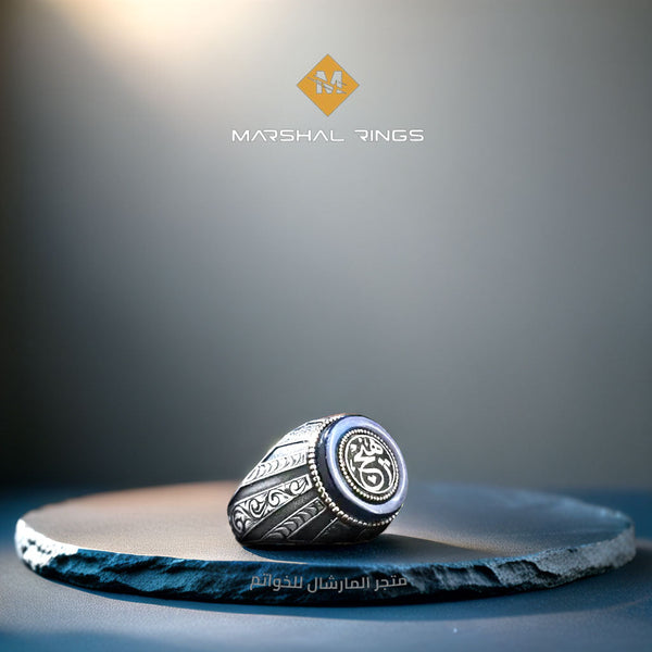 خاتم فضة رجالي 925 مرصع بحجر كهرمان أزرق داكن بتصميم فاخر - متجر المارشال للخواتم الرجالية 1